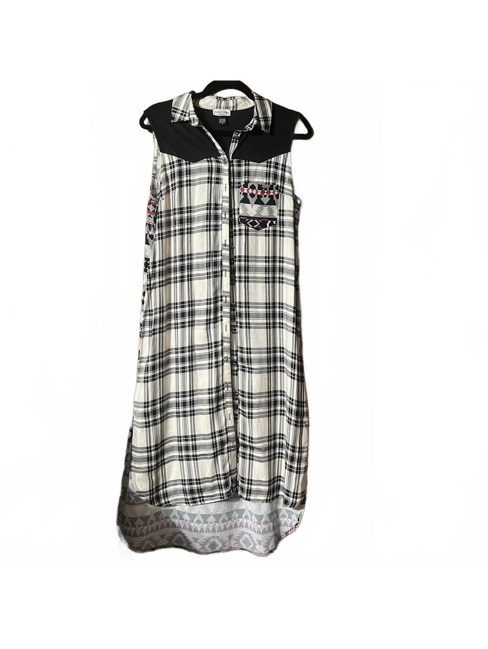 Taasha Peezy Sleeveless Plaid Shirt Dress with Aztec Print - Large